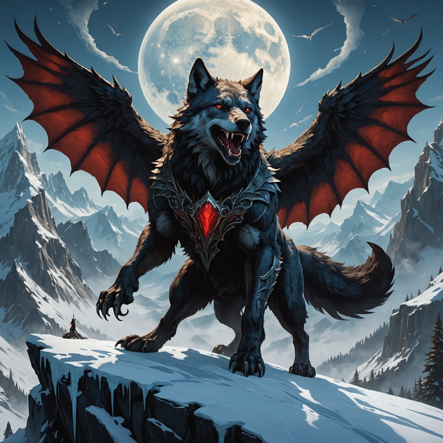 Winged Vampire Wolf Howling Under Blue Moon