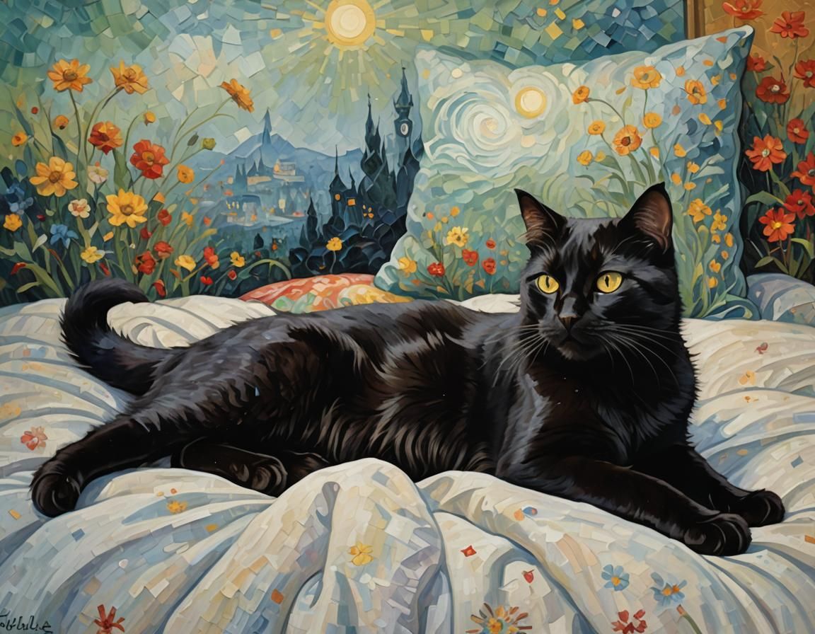 Black Cat Lounging in Van Gogh Style