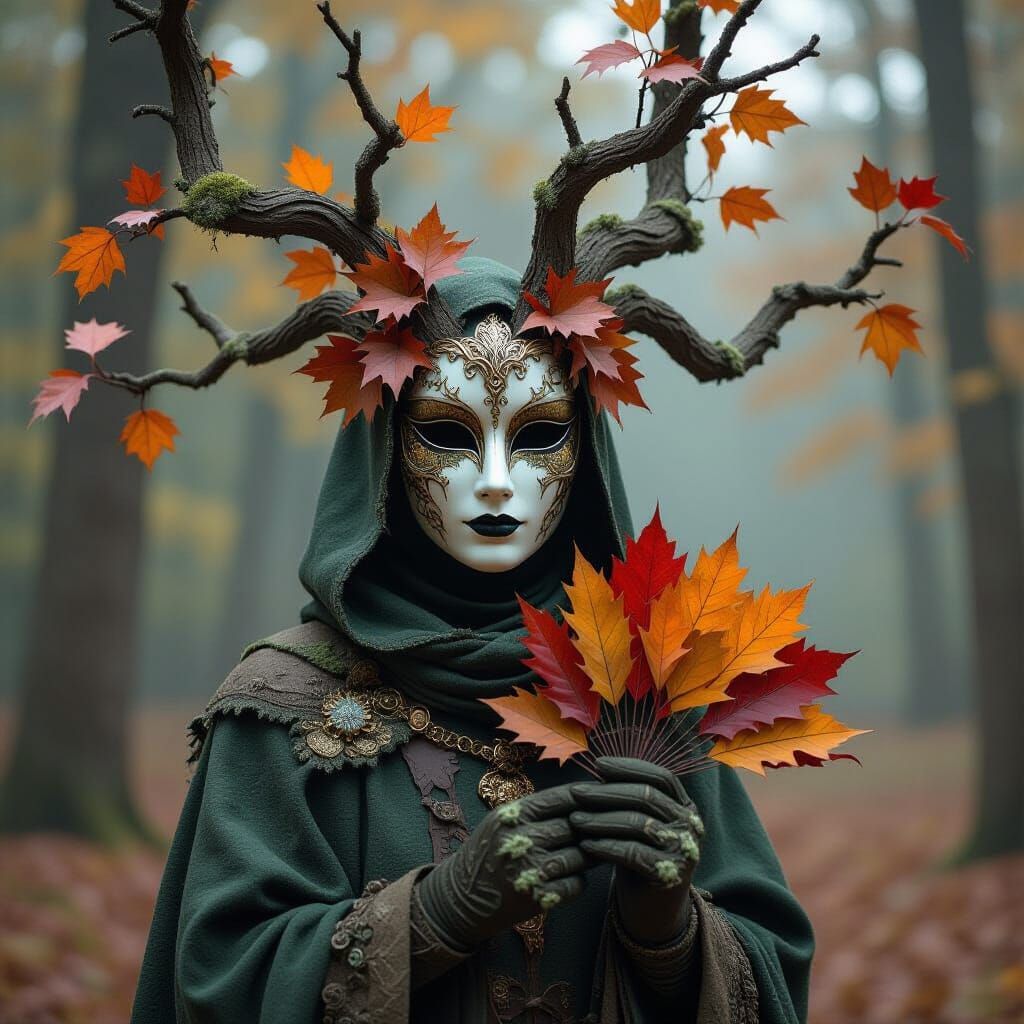 Mystic Tree Spirit with Bark Mask and Autumn Fan