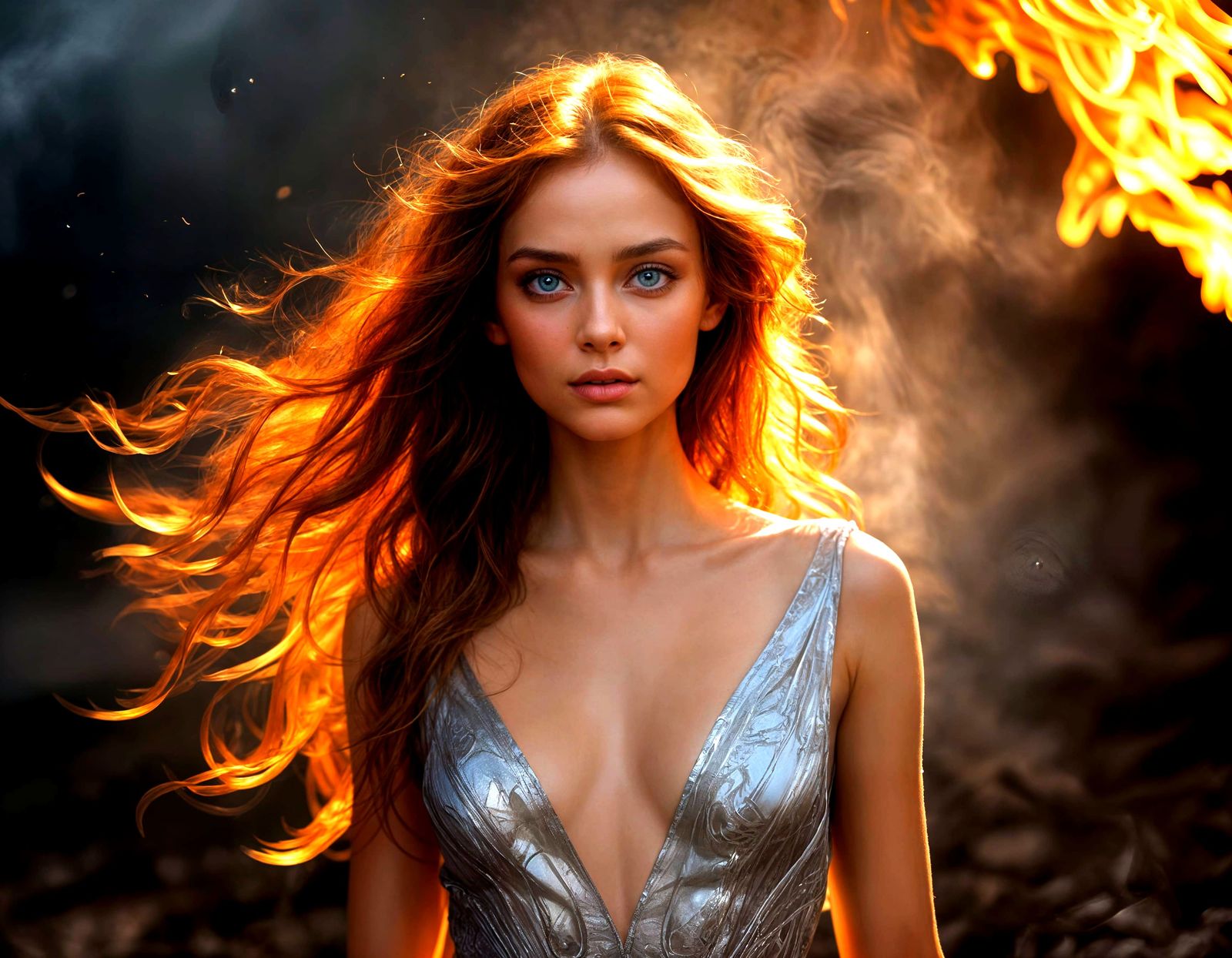 Ethereal Woman in Flowing Fire Dress