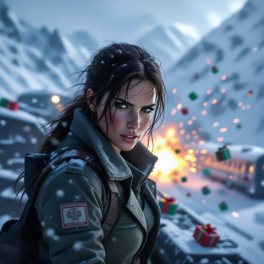 Lara Croft in Blizzard on Snowpiercer Train