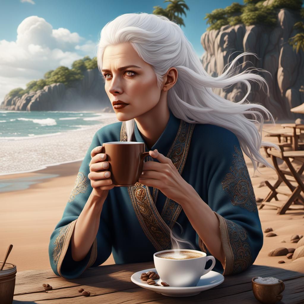 White-Haired Woman Sipping Coffee on a Beach