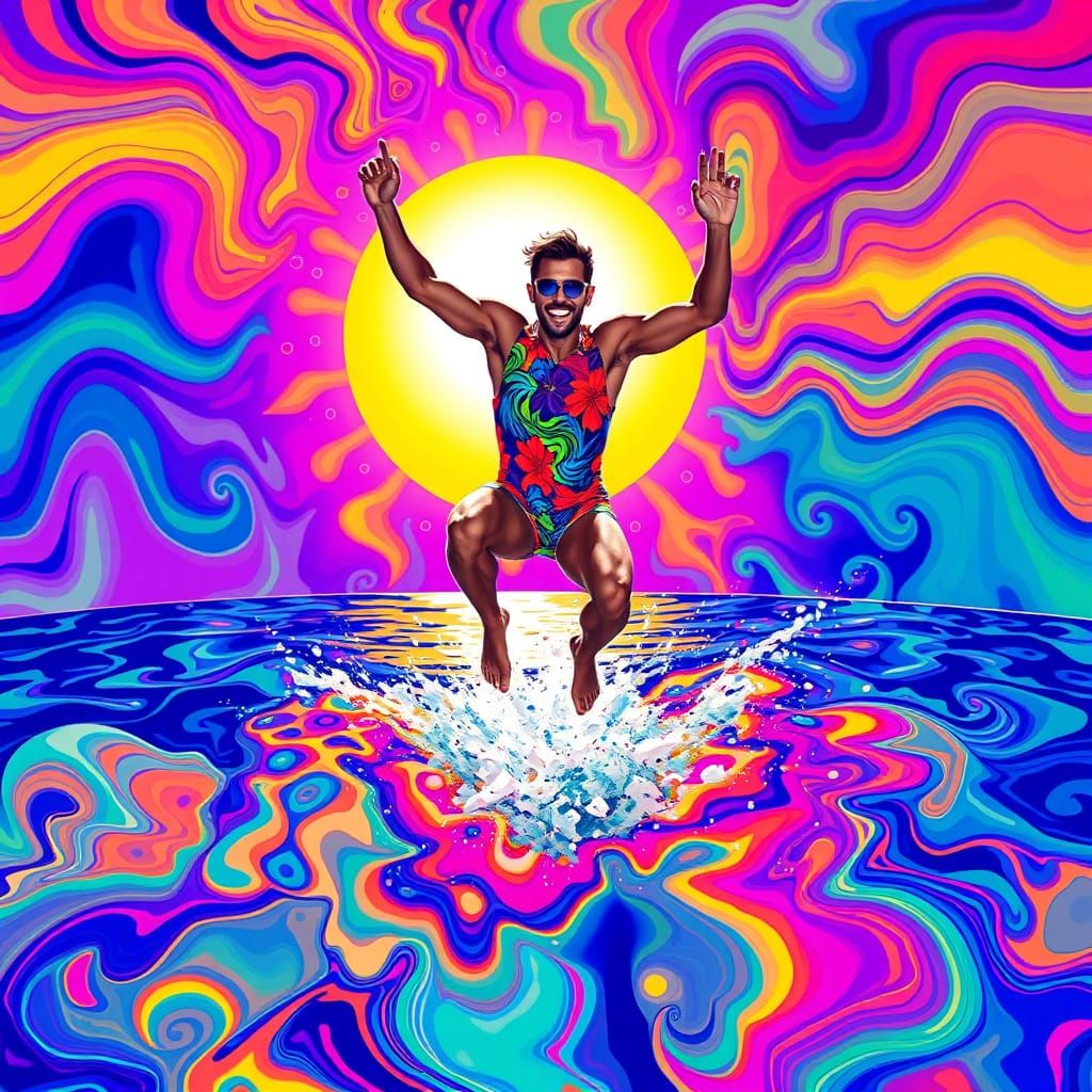 Vibrant Swimmer Dives into Kaleidoscopic Pool in Psychedelic...