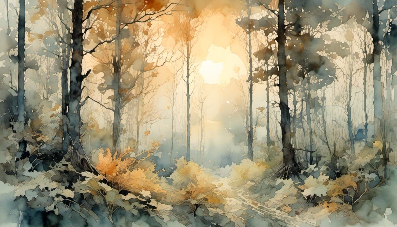 Foggy Dusk in Woodland: A Watercolour Art Deco Painting