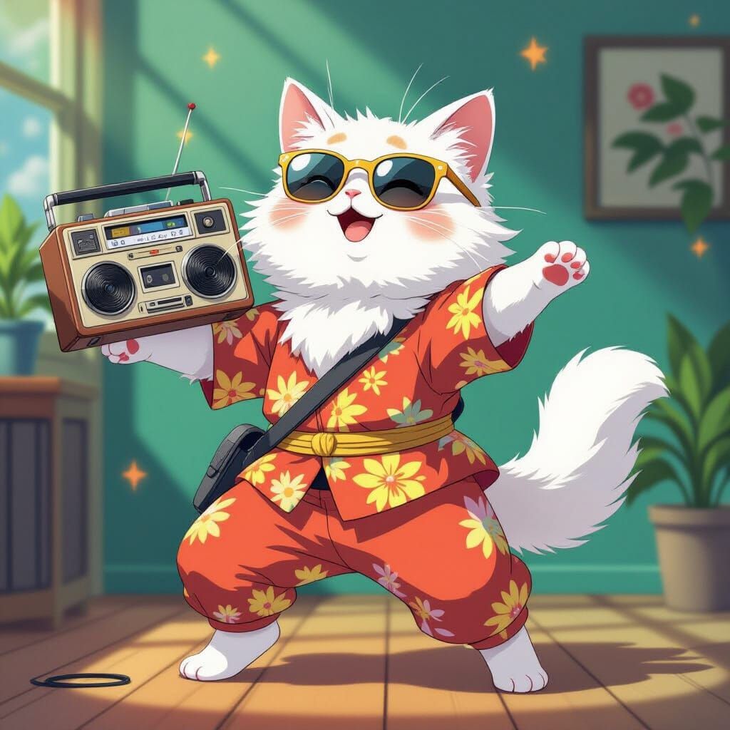 Dancing Cat in Sunglasses with Vintage Radio, Anime Style