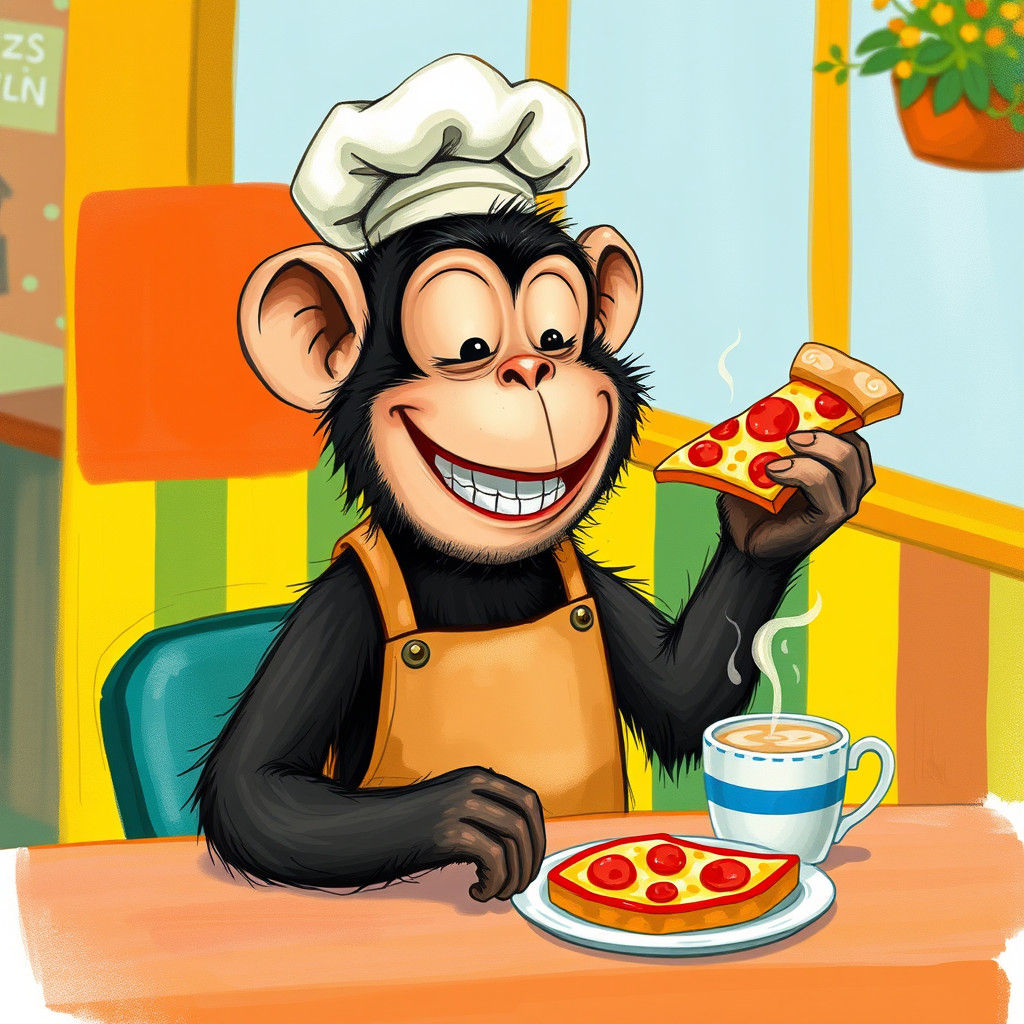Monkey Chef Enjoys Pizza, Whimsical Illustration