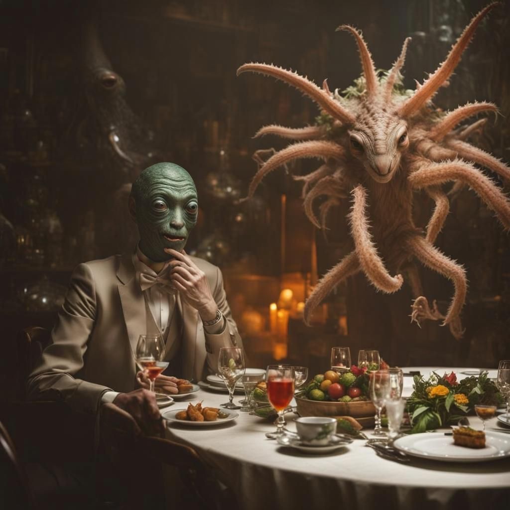 Surreal Restaurant Scene with Exotic Aliens in Gritty Settin...