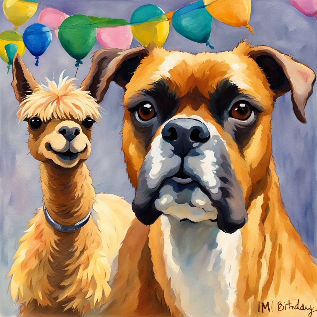 Boxer Dog and Alpaca Birthday in Gouache Style