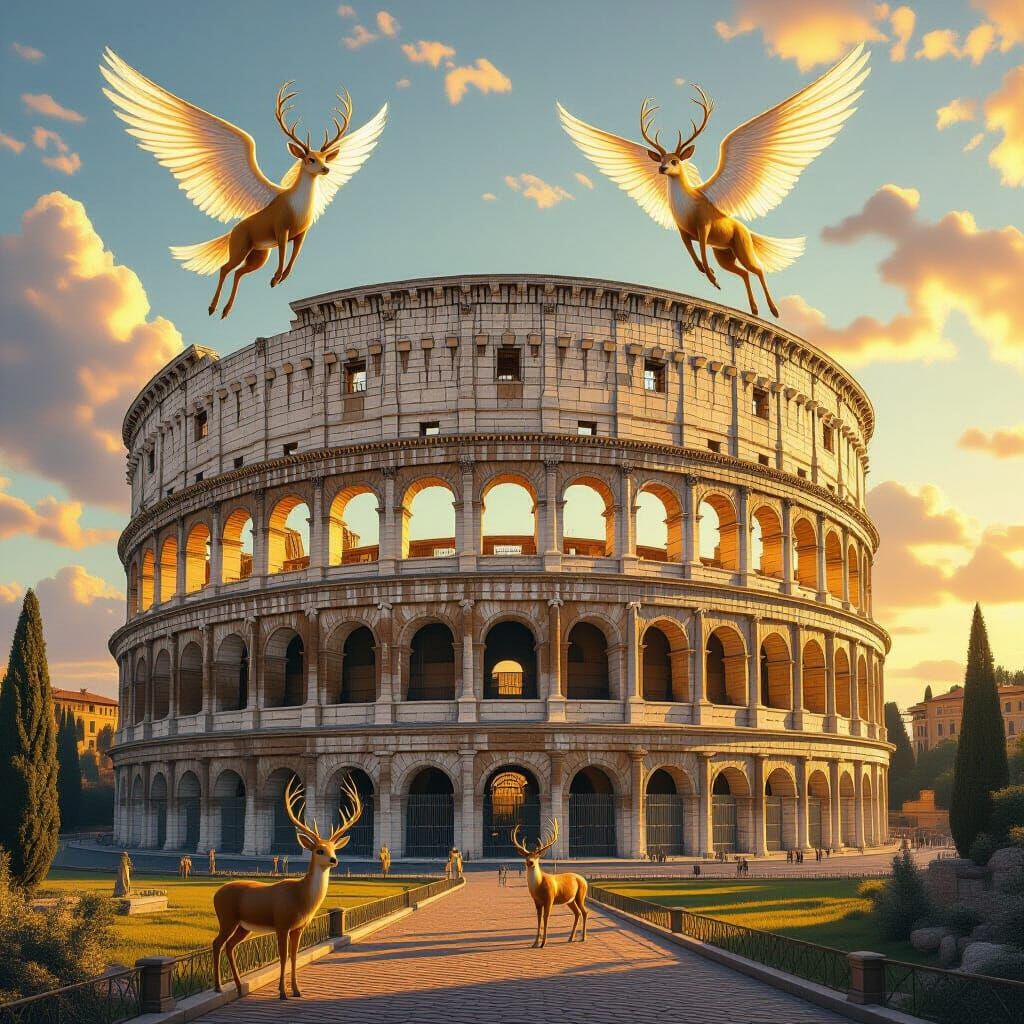 Golden Colosseum with Angelic Deer: Hyperrealistic Dreamscap...