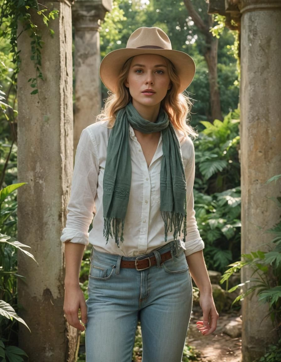 Adventurer in Lush Temple Ruins: Cinematic Film Still