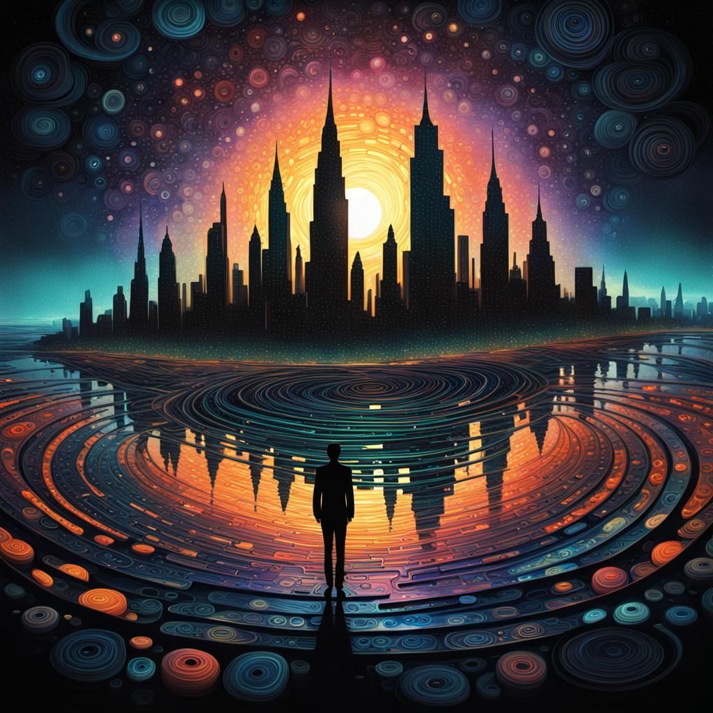 Bioluminescent Cityscape at Sunset in Geometric Futurism Sty...