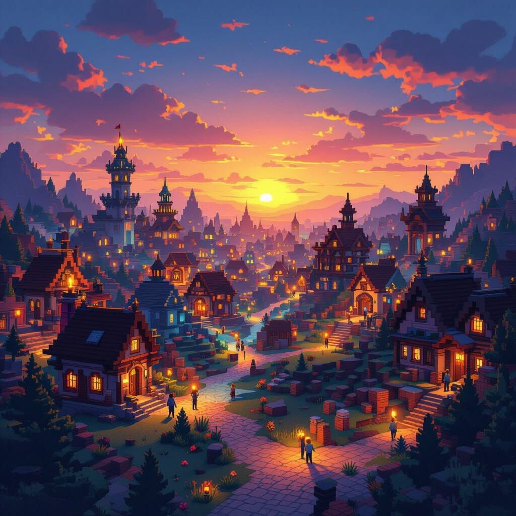 Vibrant Minecraft City at Dusk in Digital Painting Style
