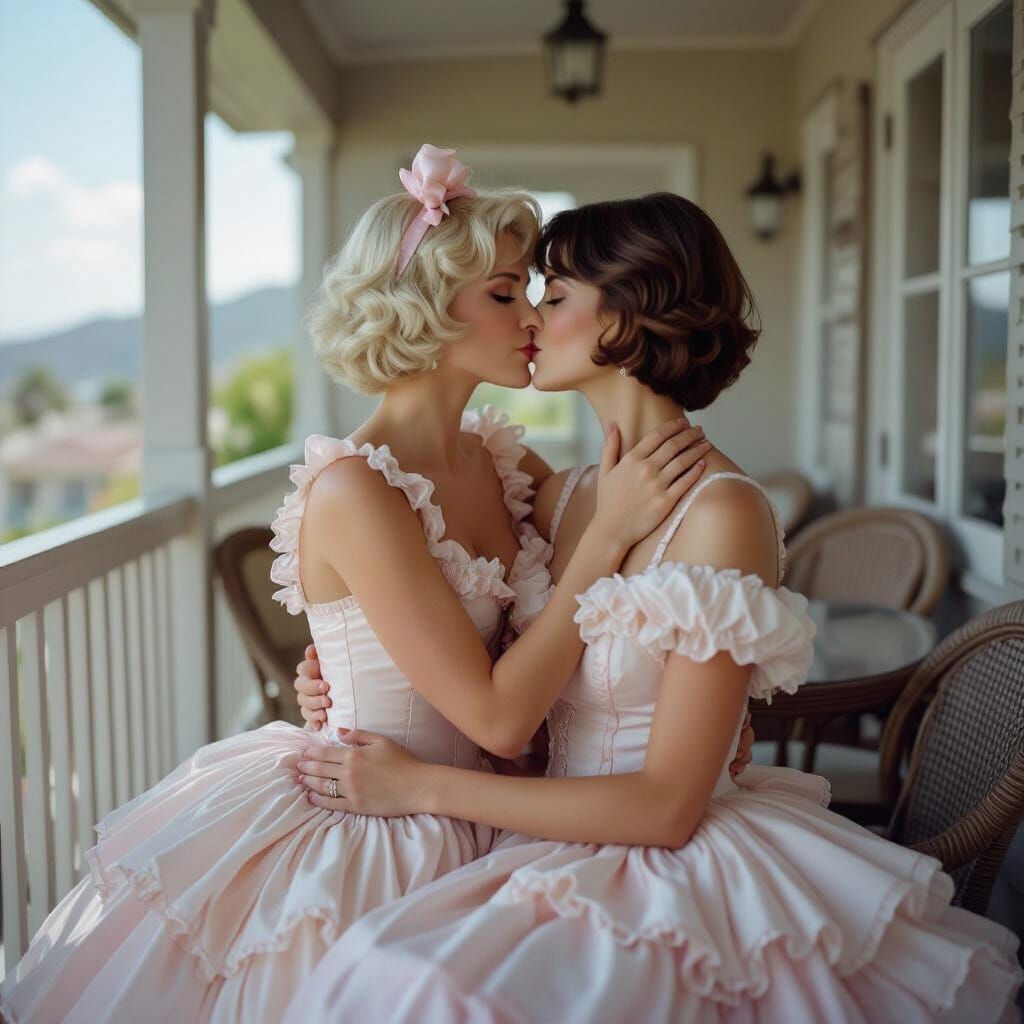 Couple Embraces on Terrace in Cinematic Film Still