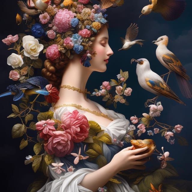 Beautiful Woman with Birds in 3D Rococo Style