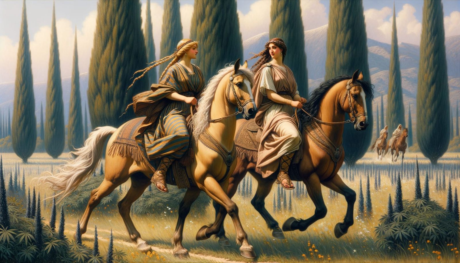 Greek Women Ride Through Cypress Meadow in Realist Style
