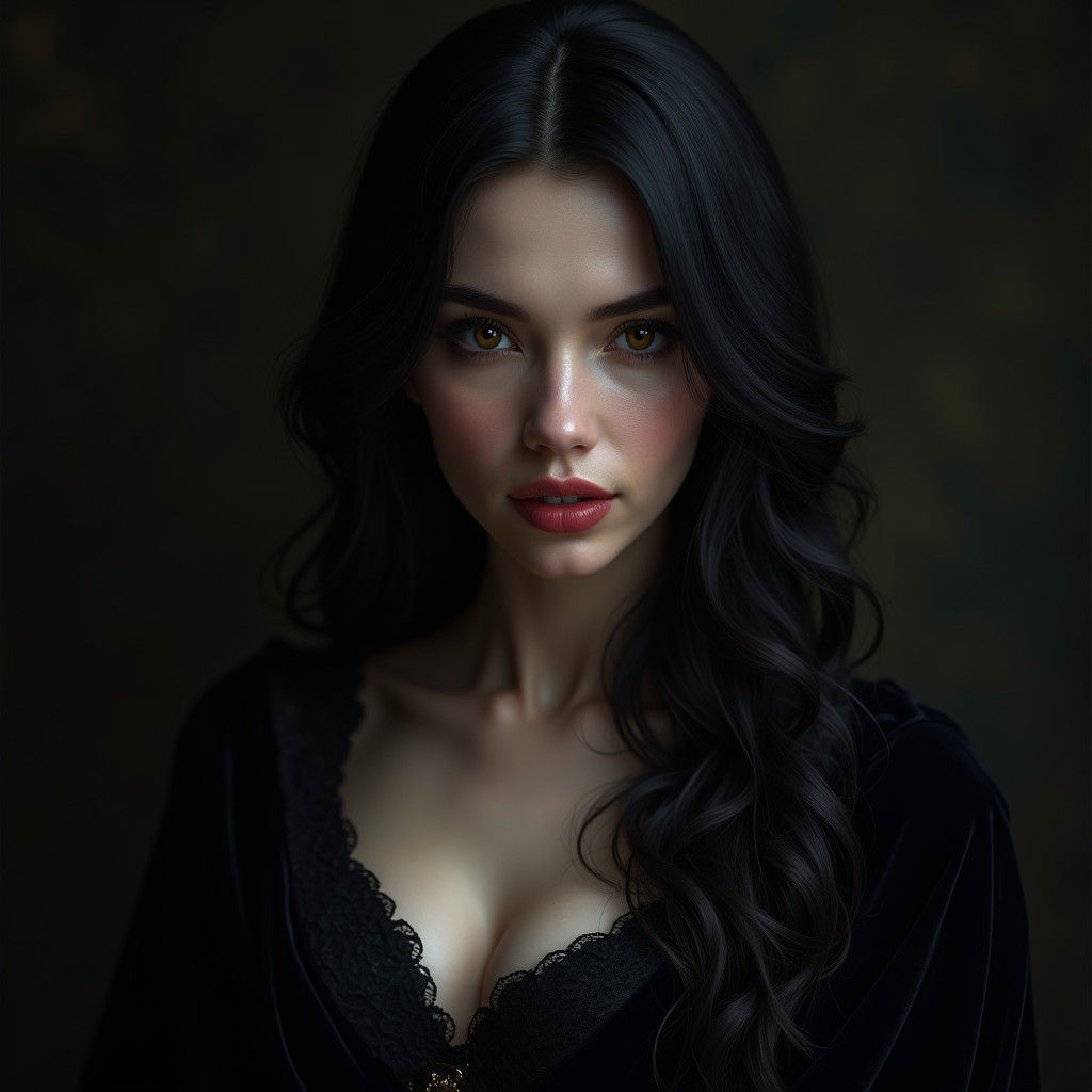 Mysterious Woman in Dark Velvet Cloak