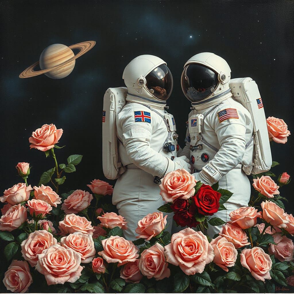Astronauts Amidst Blooming Roses in Space
