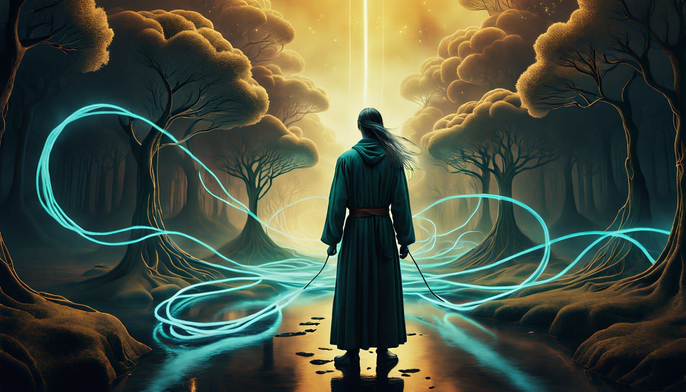 Surreal Cutting of Energy Cords in a Golden Mystical Realm