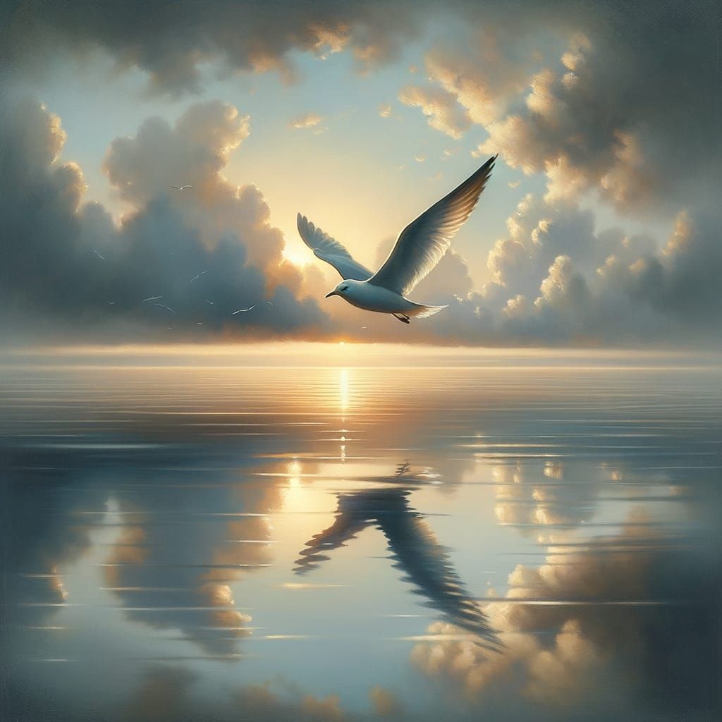 A calm, reflective sea at sunrise, with a solitary bird glid...