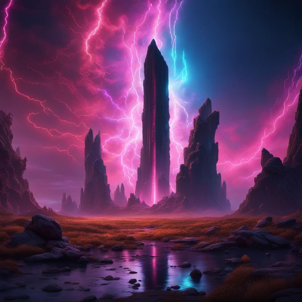 Ancient Monolith in Neon Galactic Storms