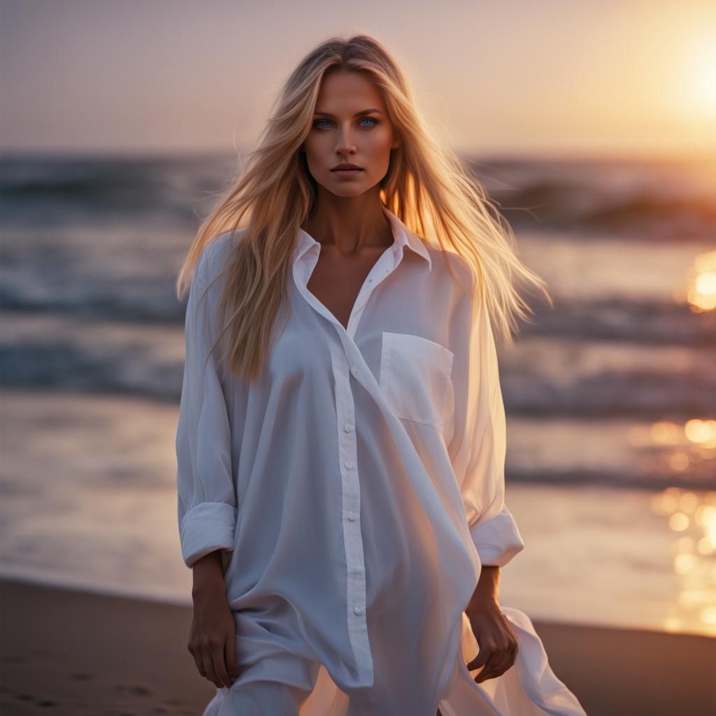 Blonde Woman in White Shirt on Windy Beach
