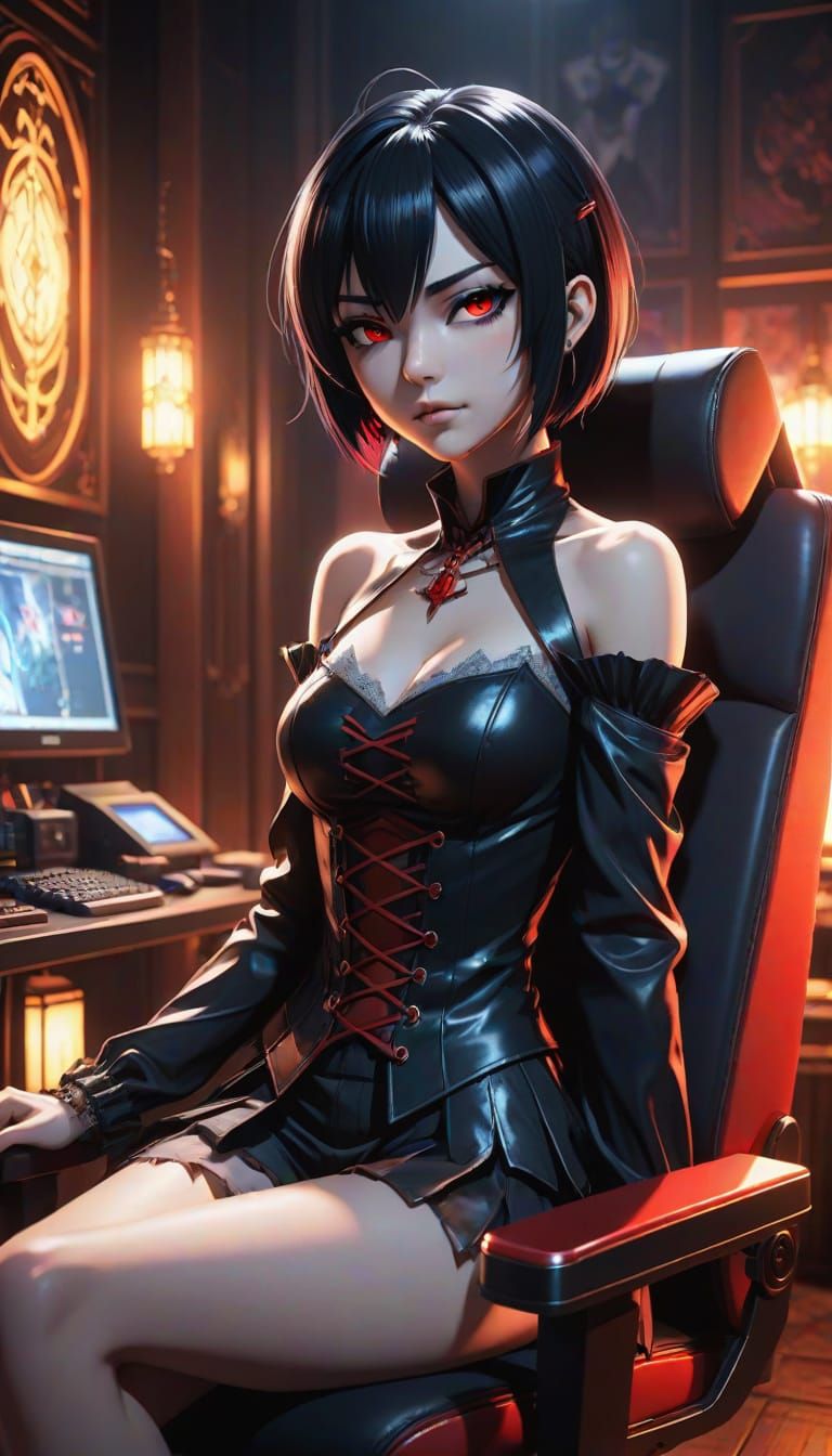Gothic Vampire Girl in Modern Gaming Chair