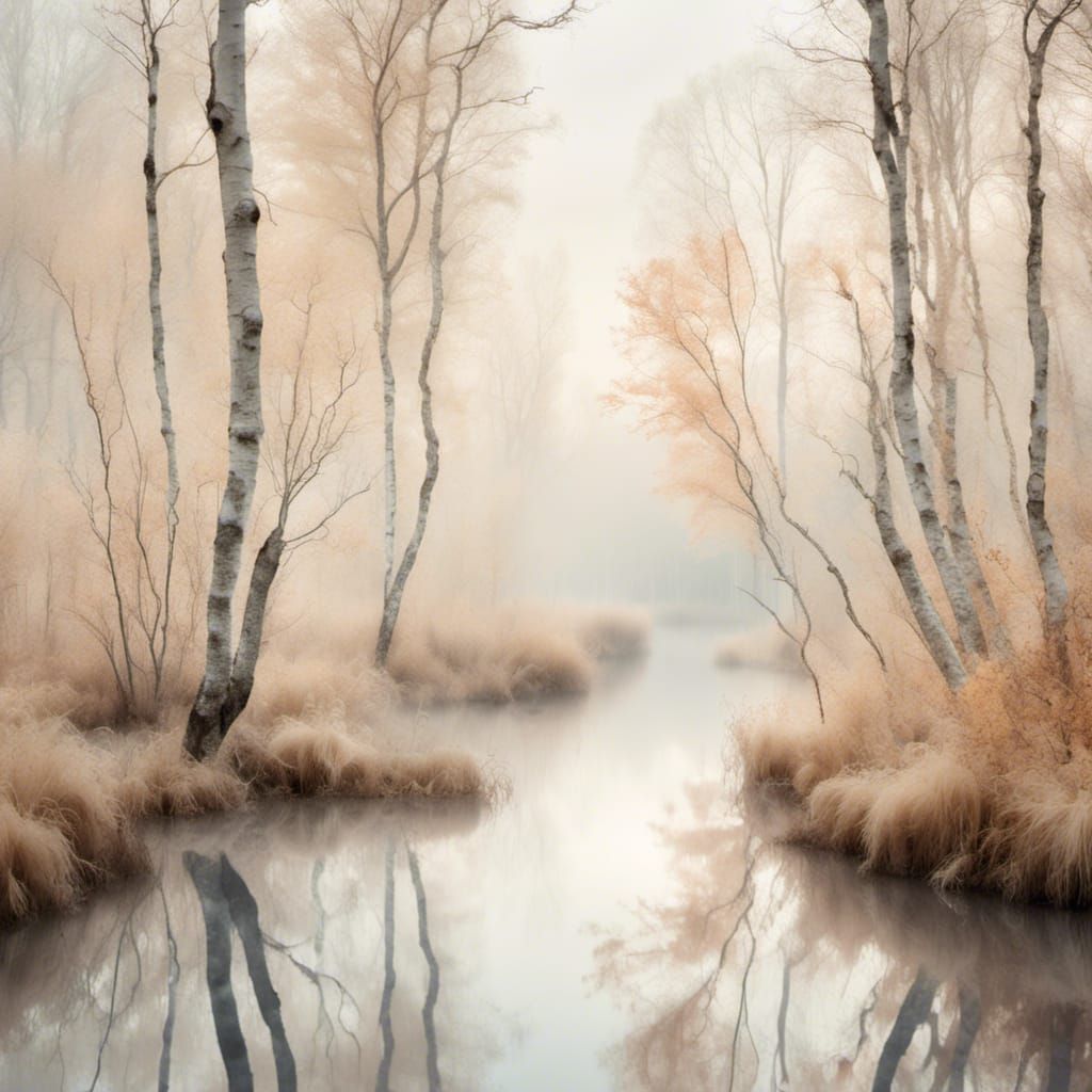 Eerie Pale Swamp With Birch Trees and Seagrass