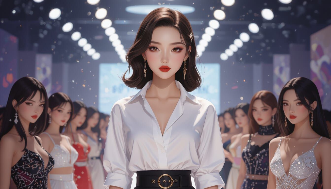 Glamorous Korean Model on Runway, Anime-Inspired 3D Art