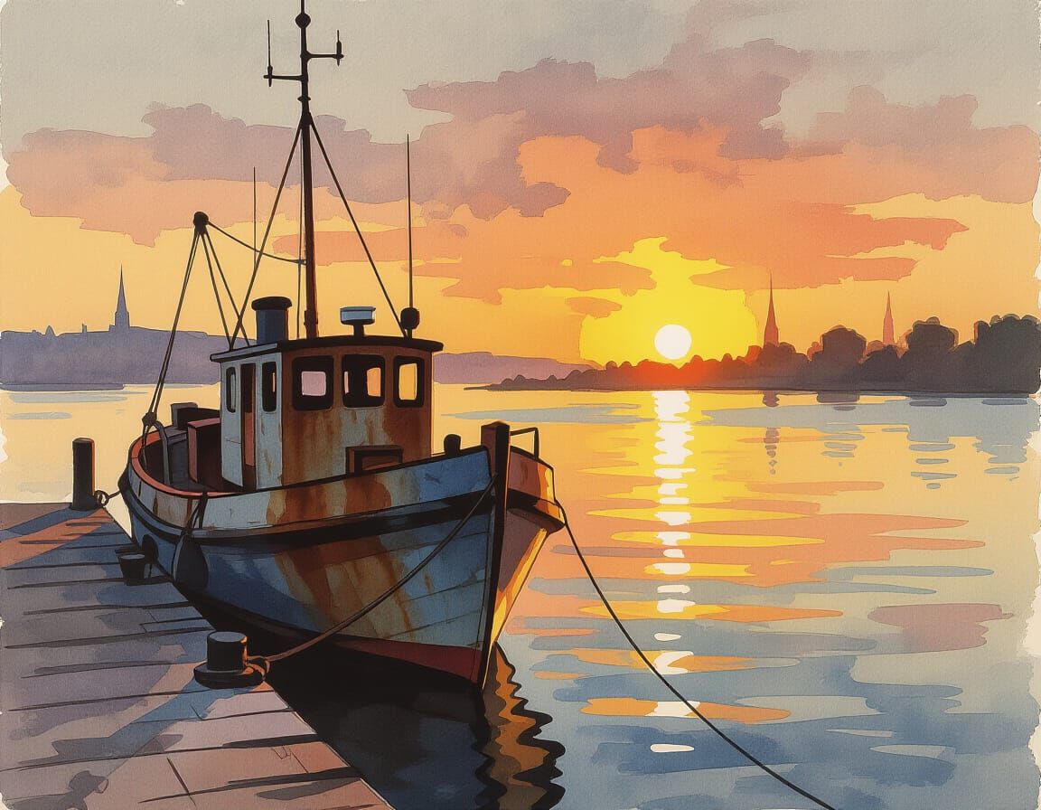 Expressionist Rusted Boat at Sunset Dock