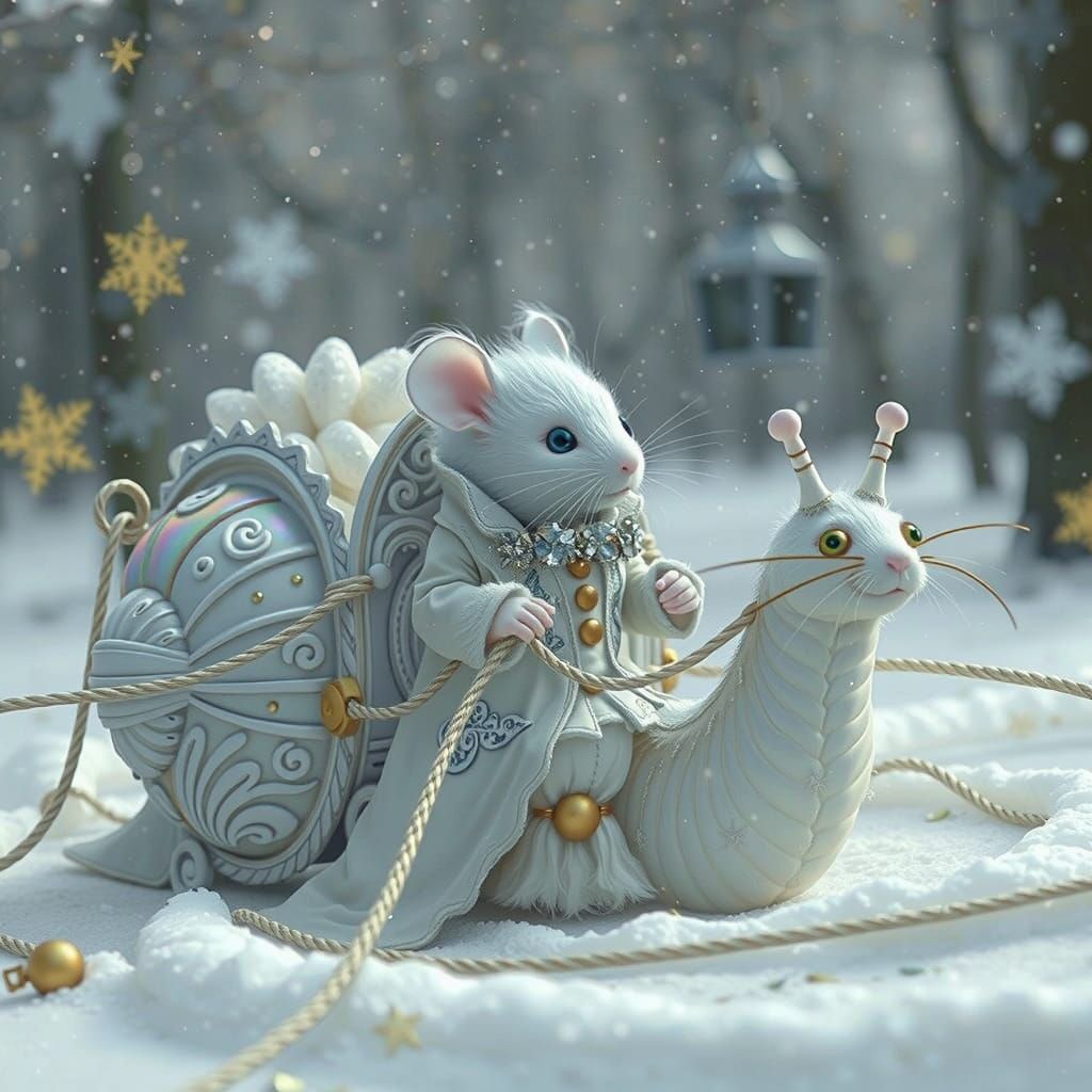 Whimsical White Mouse Rides Carriage in Snowy Landscapes wit...