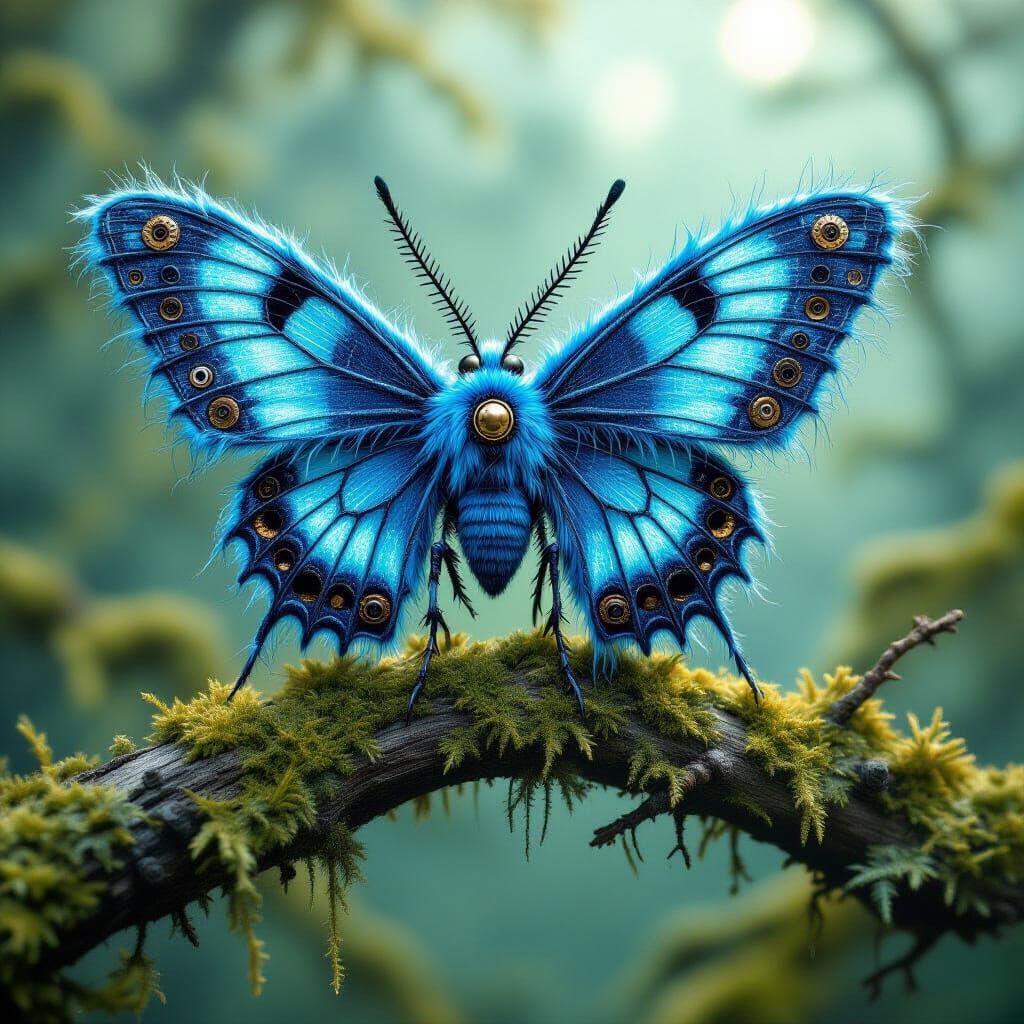 Mechanical Blue Moth on Mossy Branch