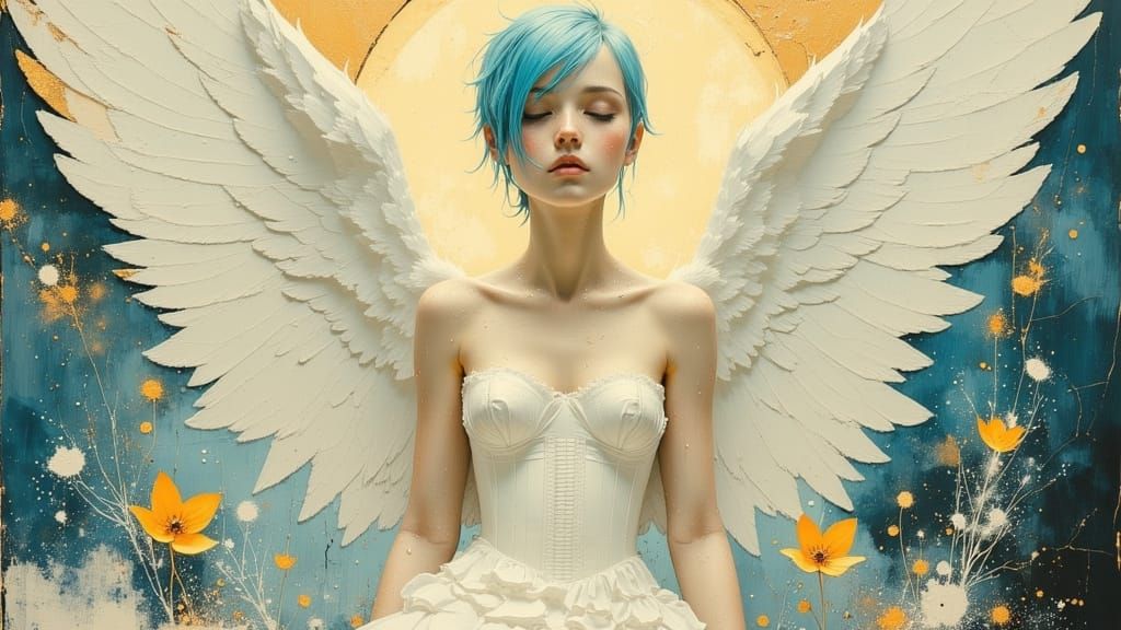 Tanned Angel with Pixie Hair and Wings in Corset