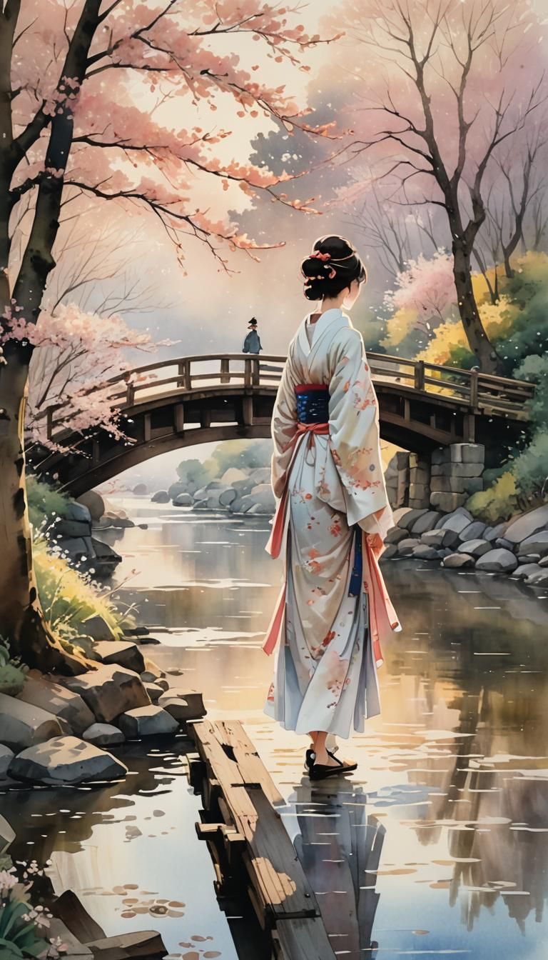Kyoto Morning: Watercolor Impressionism with Cherry Blossoms