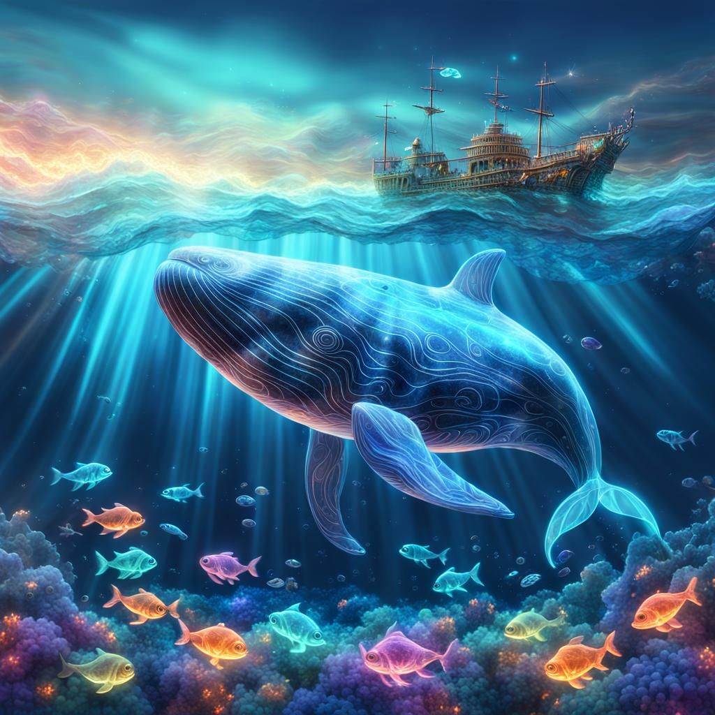 Glowing Glass Whale in Bioluminescent Ocean