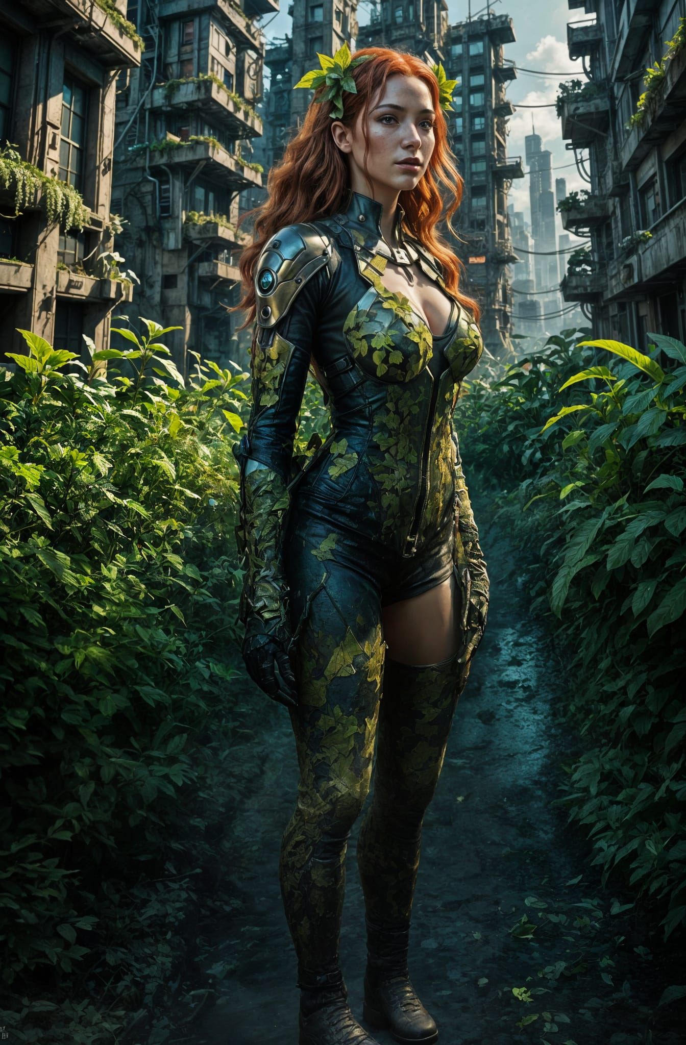Cyberpunk Poison Ivy in Abandoned City, Digital Art