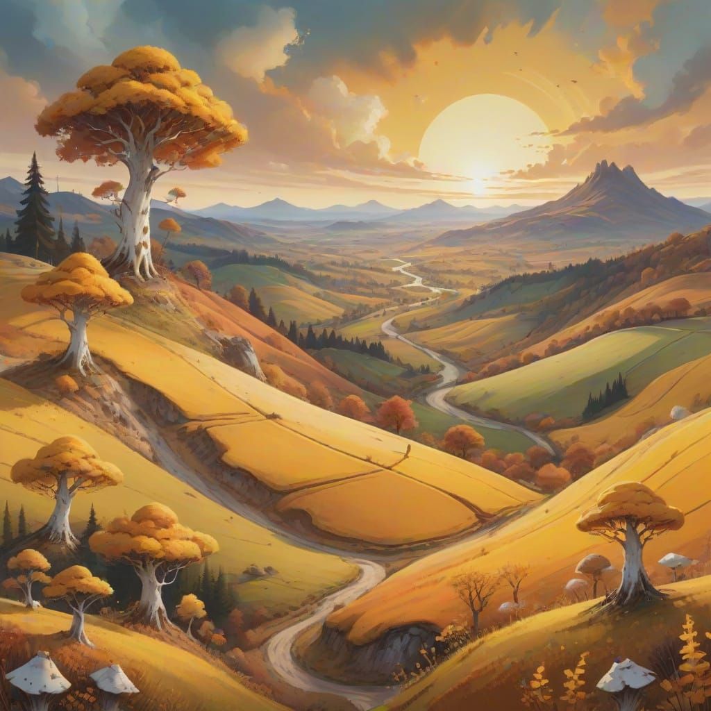 Wonderland Landscape at Sunrise in Oil Painting Style