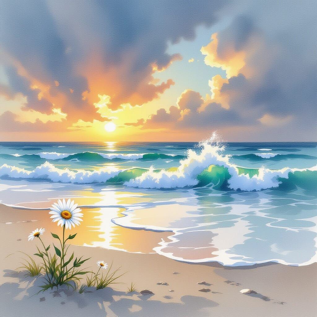 Stormy Sunset at Serene Beach in Watercolor Style