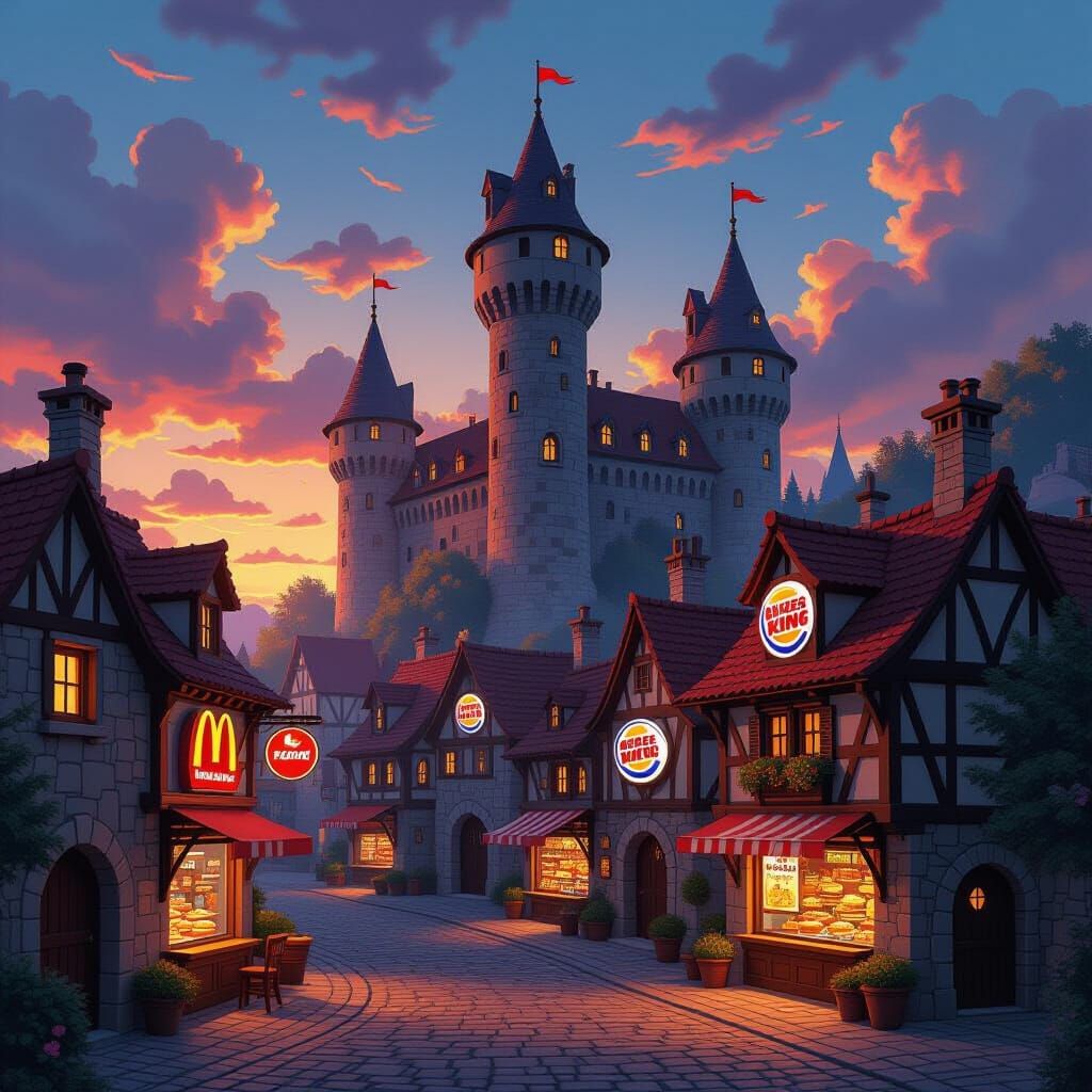 Medieval Castle Village with Modern Fast Food Chains