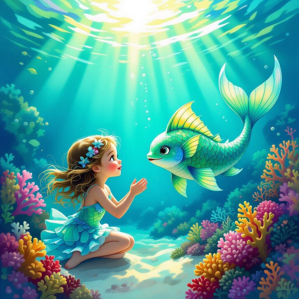 Girl Plays With Merman in Vibrant Coral Reef
