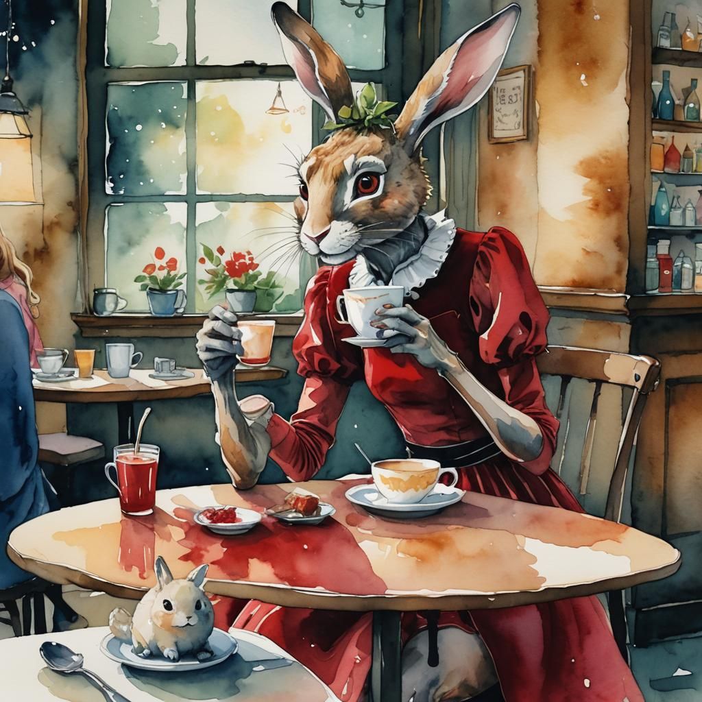 Rabbit Creature Having Tea, Watercolor Illustration