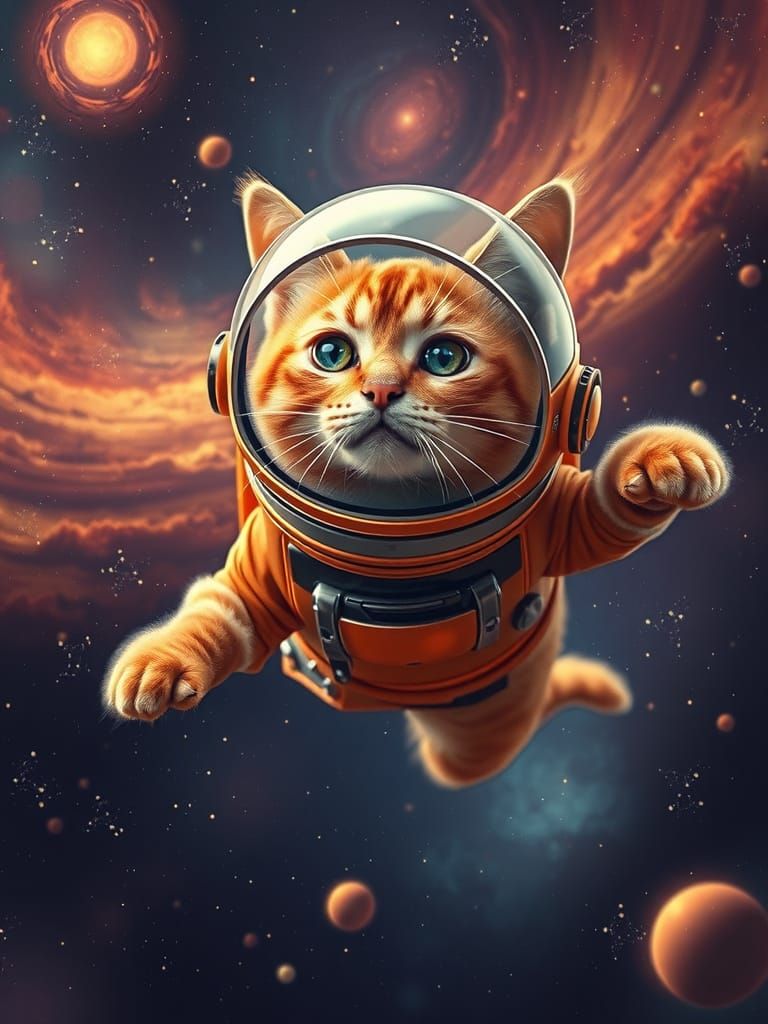 Retro Cat in Caramel Spacesuit Drifting Through Space