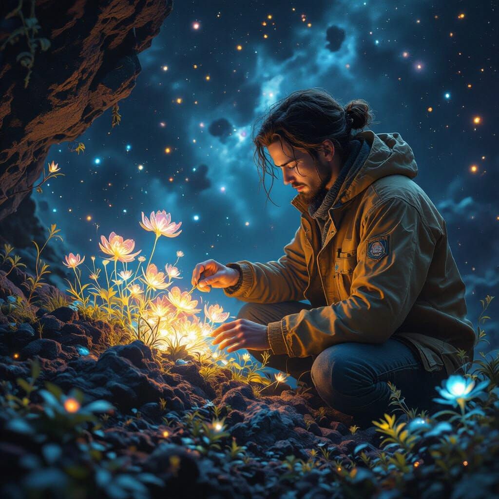 Botanist Tending Cosmic Flora on Asteroid in Fantasy Style