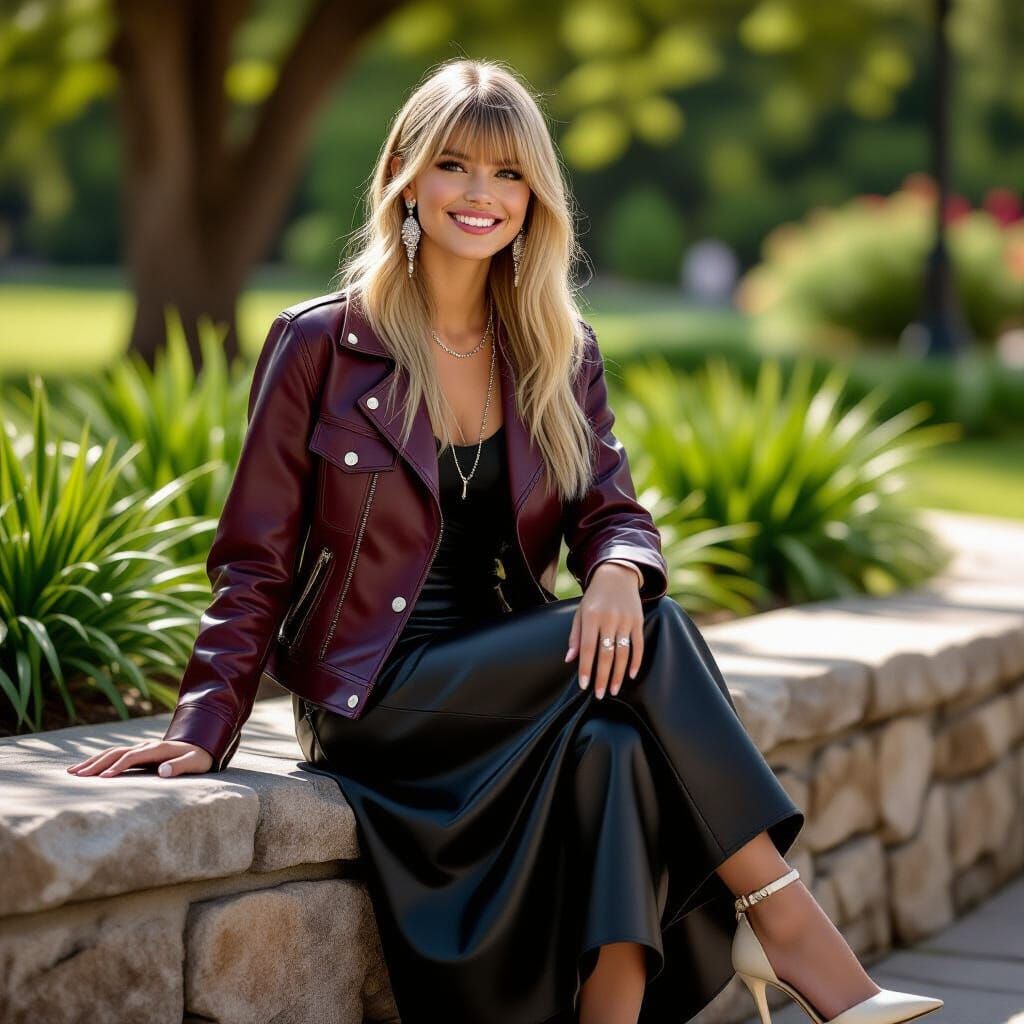 Teenager in Burgundy Jacket and Black Dress Poses in Park