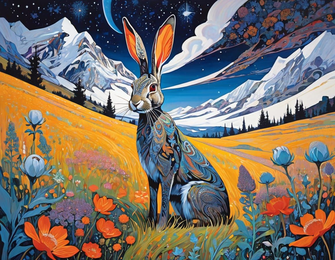 Antlered Rabbit in Cosmic Floral Surrealism