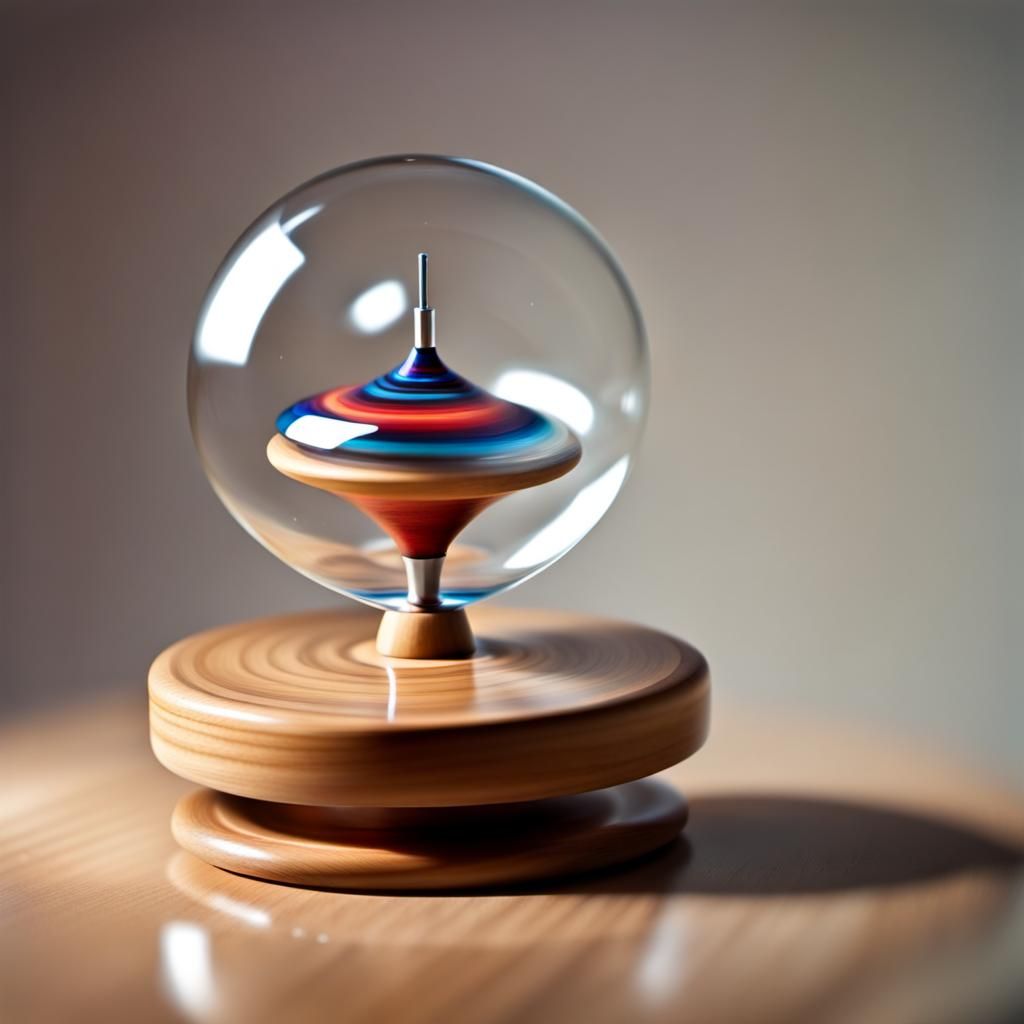Glass and Wood Spinning Top with Motion Blur