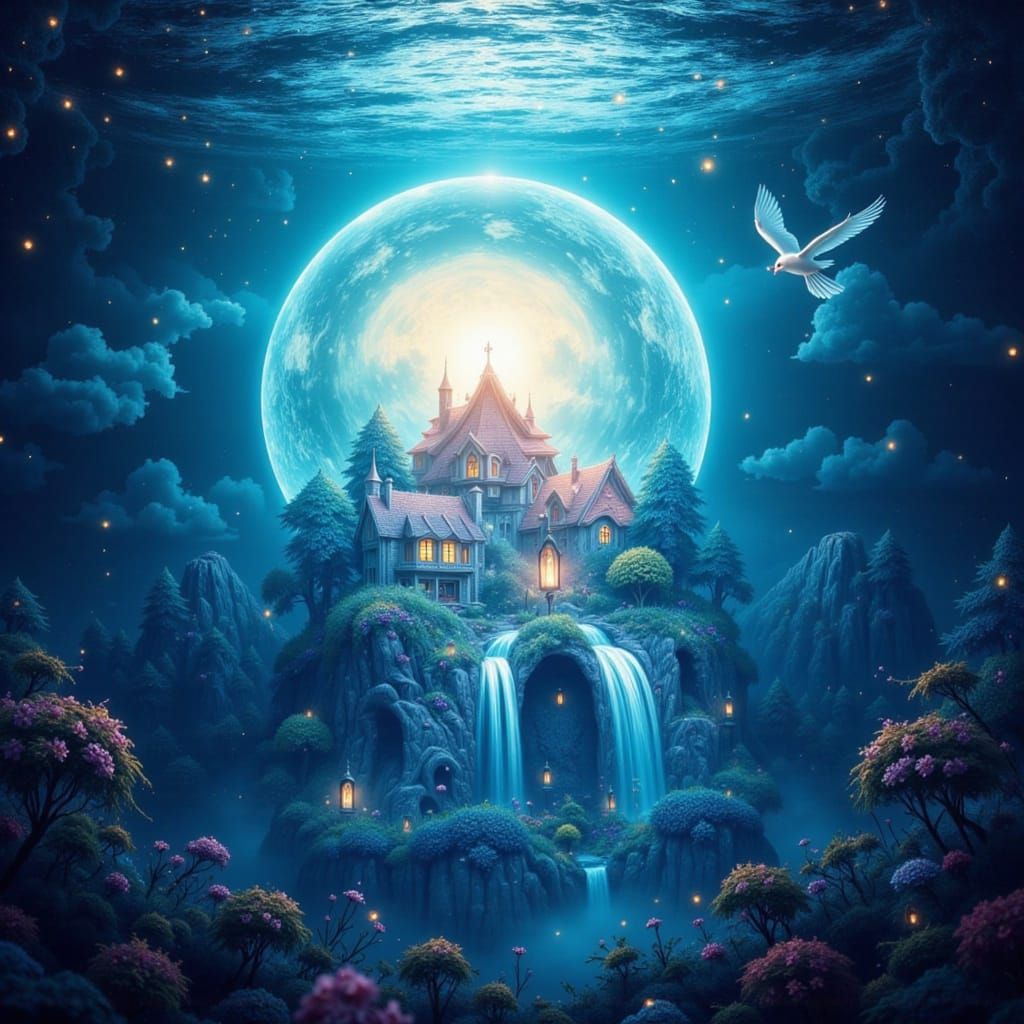 Miniature Village in Crescent Moon, Impressionist Oil