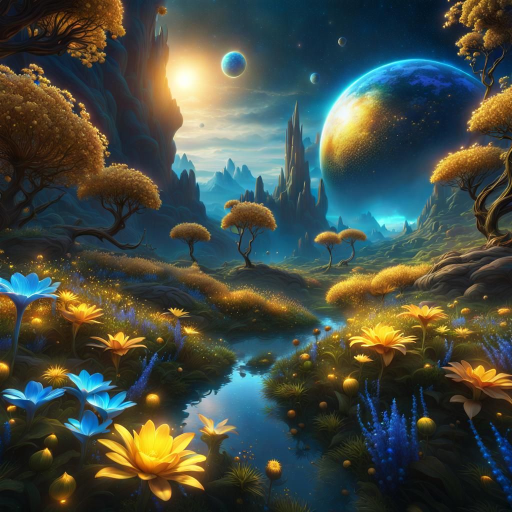Golden Azure Fantasyscape: Lush Nature Under Alien Skies
