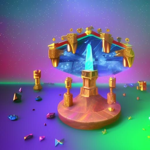 90's CGI Fantasy Scene with Crystals and Swords