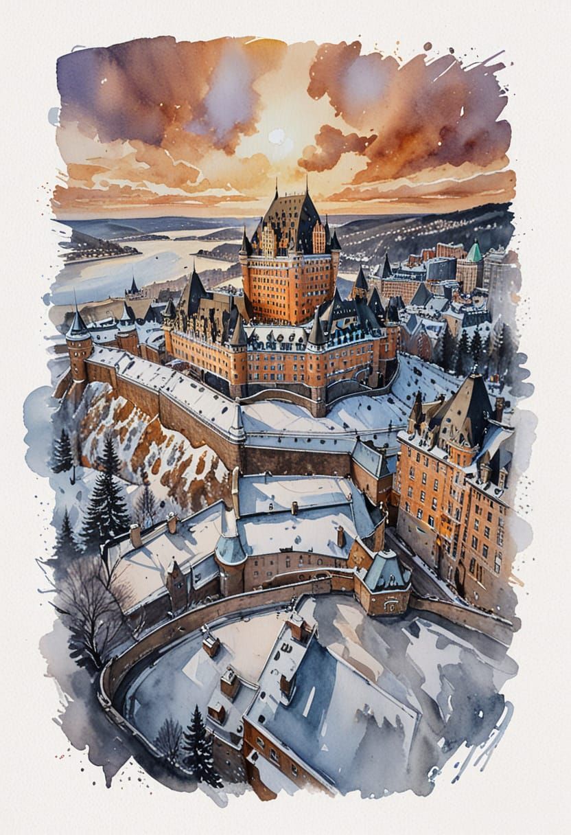 Chateau Frontenac: Aerial Watercolour Painting with Ink