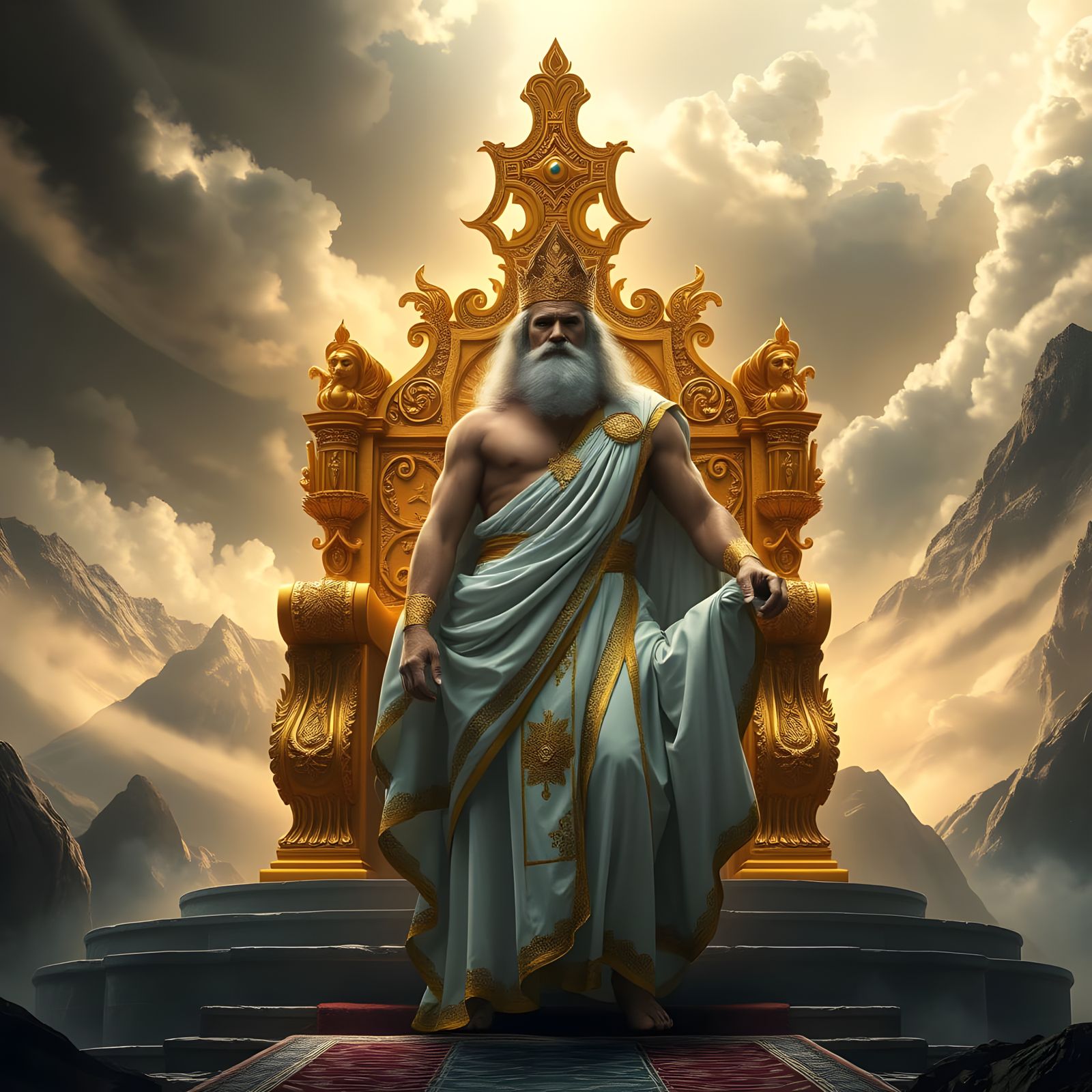Zeus standing in front his golden throne as the one true god